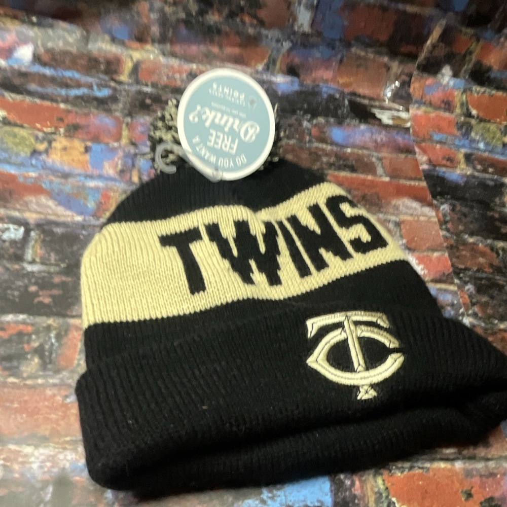 Minnesota Twins Knit Pom Beanie Hat Black Tan TC Logo "TWINS"